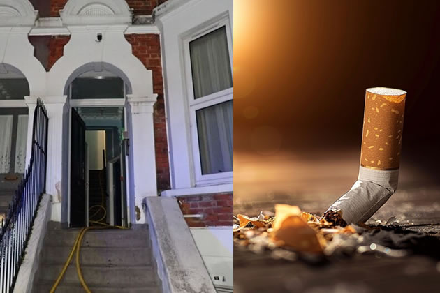 Left: the entrance to the Larden Road house. Right: A stubbed out cigarette