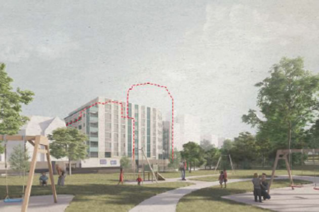 A visualisation of the new proposal viewed from across the River Brent with outline of previous scheme in red