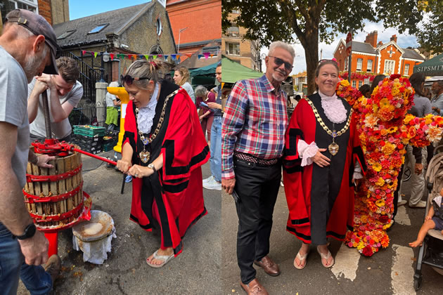 Left: Pressing apples on Apple Day. Right: With Cllr Ranjit Gill at the Flower Market