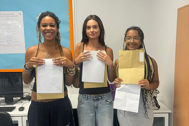 Chiswick School's Sienna, Emily and Alyssia with their results