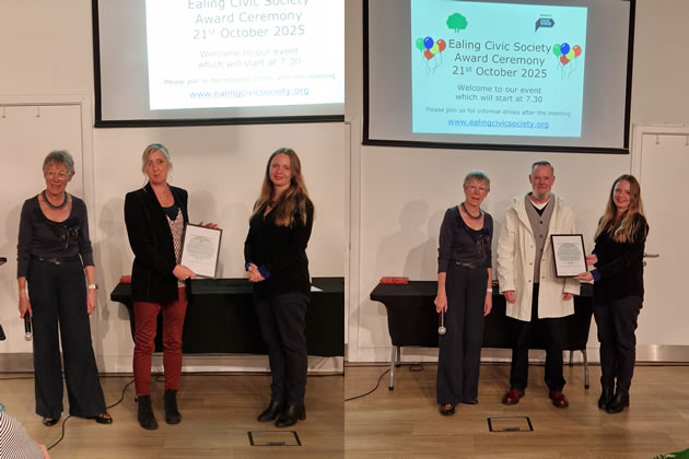 Emma Truman from Ealing Council and Johnny Brewin of Republic of Park Royal receiving their awards from Sarah Cook (on right). Ann Chapman (Chairman of the Society) is on the left 