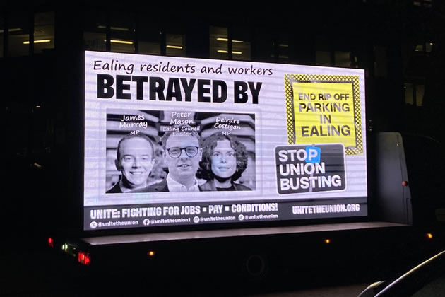 A Unite mobile billboard of Peter Mason, Deirdre Costigan and James Murray