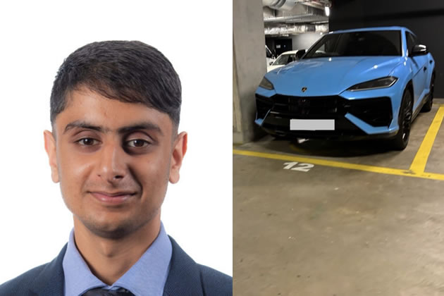 Left: Cllr Farhaan Rehman. Right: His blue Lamborghini in a disabled parking bay