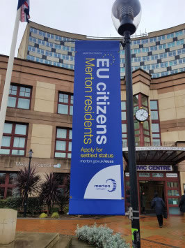 Merton Civic Centre and EU banner